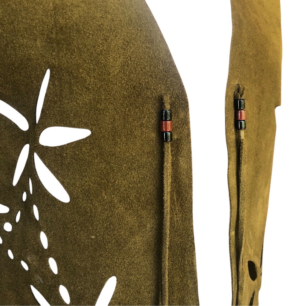 Vintage Army Green Suede Vest Fringe Detail and Flower cut outs - Picture 7 of 16